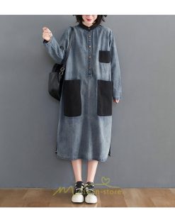 デニムワンピース | ワンピース レディース ロングワンピース 夏 おしゃれ 春 秋 長袖 ポケット付き 体型カバー 着痩せ 可愛い スリット 20代30代40代50代