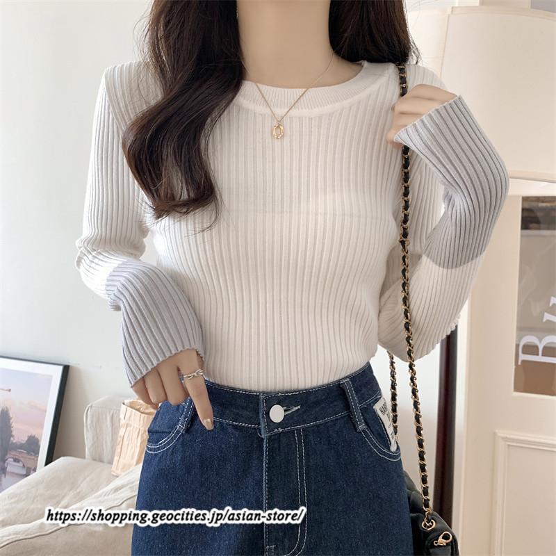 ニット・セーター | カットソー ニット レディース リブニット 長袖 秋冬 春 トップス スリム ストレッチ インナー 無地 長袖ニット 通学通勤 着痩せ 長袖カットソー プルオーバー