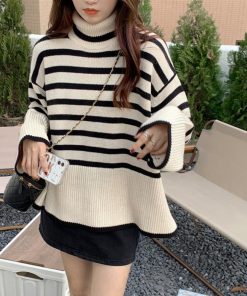 ニット・セーター | タートルネックボーダーニットトップス冬服