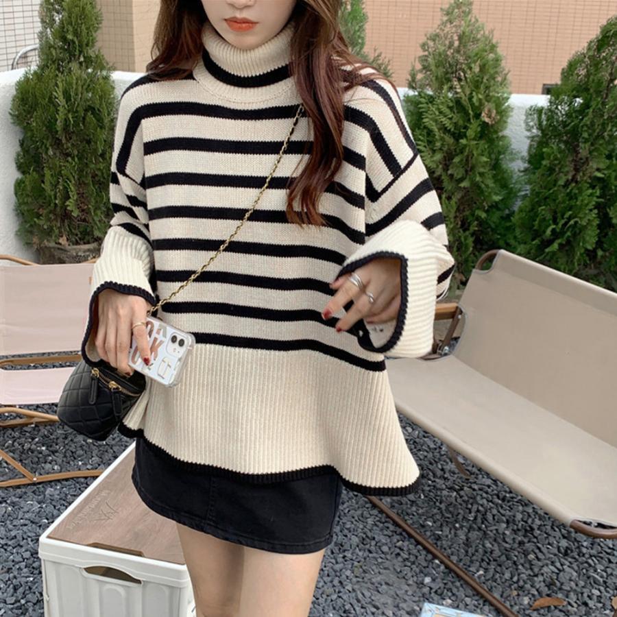 ニット・セーター | タートルネックボーダーニットトップス冬服