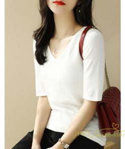 ｔシャツ・カットソー | サマーニット レディース Vネック トップス ニット 半袖 春服 春物 ニットチュニック 無地 きれいめ 春夏 黒 リブ 夏ニット 白 5分袖 涼し気