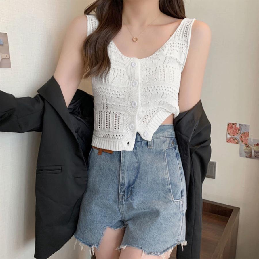 透かし編みトップス | 透かし編み タンクトップ スクエアネック