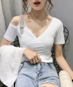 Tシャツ・カットソー | Tシャツ 肩だし クロスVネック コットン トップス 半袖 ヒョウ柄 無地 レディース スタイリッシュ 個性的 エレガント セクシー 着痩せ 気質 フェミニン