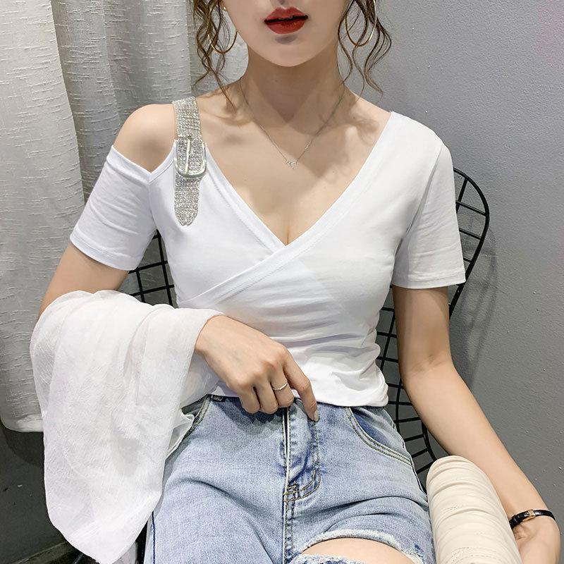 Tシャツ・カットソー | Tシャツ 肩だし クロスVネック コットン トップス 半袖 ヒョウ柄 無地 レディース スタイリッシュ 個性的 エレガント セクシー 着痩せ 気質 フェミニン