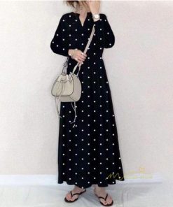 マキシ | ワンピース ロングワンピース レディース 春 秋 ドット柄 マキシワンピース 長袖 Aラインワンピ カジュアル 韓国ファッション きれいめ Vネック 2022