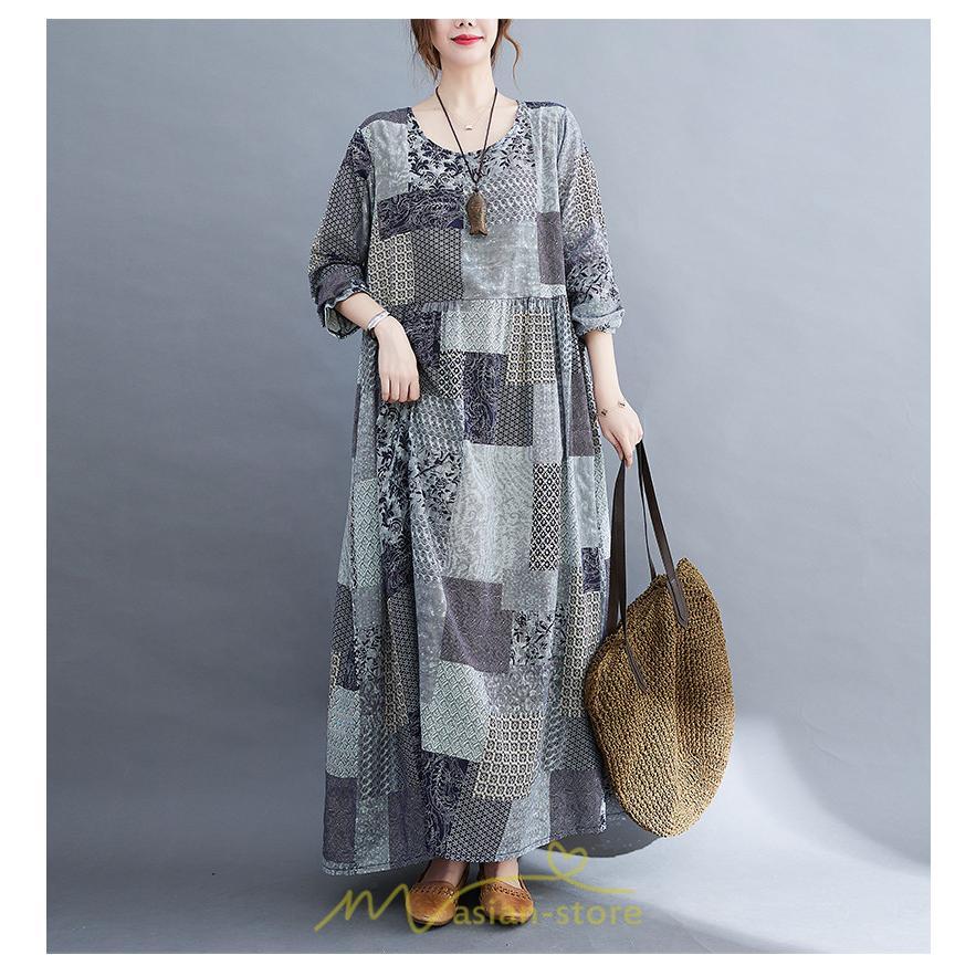 マキシ | 長袖ワンピース 秋物 レディース ロングワンピース チェック 夏 30代40代 大人 秋ワンピース 新作 ワンピース ゆったり 広い裾 Aラインワンピ 可愛い 旅行