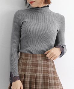 ニット・セーター | スリムフィット ニットウェア リブニット レースフリル襟 ニットソー レディース 長袖 ニットセーター ハイネック トップス