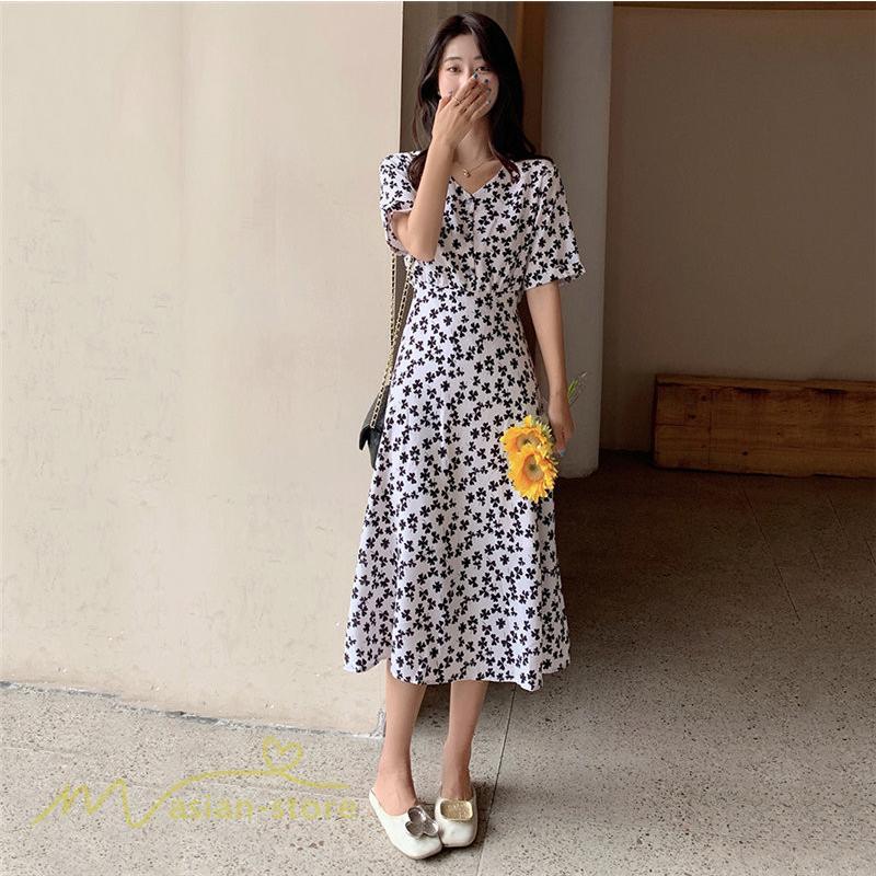 ミディアム | ワンピース レディース 着痩せ 花柄 半袖 大きいサイズ 上品 Aラインワンピース ゆったり Vネック ハイウエスト ミディアム丈 お出かけ 通勤 ひざ丈 通学