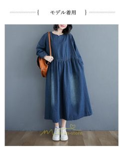 デニムワンピース | ワンピース レディース カジュアル 人気 デニム ロング丈 ゆったり 大きいサイズ ポケット スリット 20代30代40代 華奢見え 着痩せ 体型カバー 可愛い