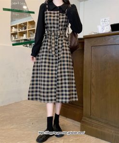 マキシ | ワンピース レディース 大きいサイズ チェック柄 リボン フレア 切り替え 重ね着風 レイヤード風 秋コーデ 秋 可愛い 若見え 冬 オシャレ 着痩せ