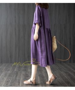 ミディアム | ワンピース レディース 40代 50代 半袖 きれいめ ゆったり ミディ丈 30代 ミディアム丈 綿麻混ワンピース 韓国ファッション 丸首 上品 カジュアル 夏物 お出かけ