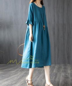 ミディアム | ワンピース レディース 40代 50代 半袖 きれいめ ゆったり ミディ丈 30代 ミディアム丈 綿麻混ワンピース 韓国ファッション 丸首 上品 カジュアル 夏物 お出かけ