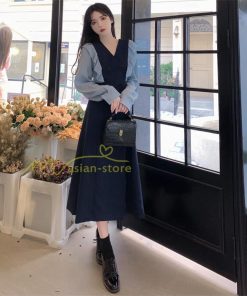 マキシ | Vネックワンピース ミモレ丈ワンピース フレア 秋 レディース 長袖ワンピ 腰着痩せ Aラインワンピース 30代40代 ドッキングワンピ エレガント 大人 通学通勤