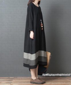 マキシ | リネンワンピース50代レディース綿麻風 長袖秋物 丸ネック 無地 Aラインワンピース ミモレ丈ワンピース サイドポケット ワンピース 30代40代 シンプル 大人