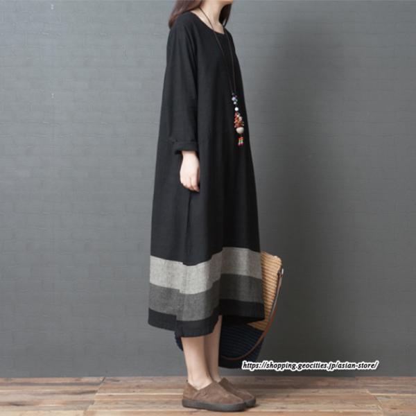 マキシ | リネンワンピース50代レディース綿麻風 長袖秋物 丸ネック 無地 Aラインワンピース ミモレ丈ワンピース サイドポケット ワンピース 30代40代 シンプル 大人