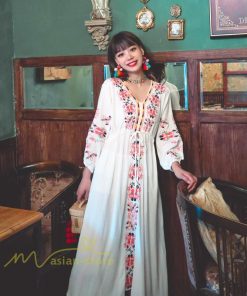 マキシ | ワンピース レディース 40代 春秋 キレイめ マキシ丈ワンピース 綿麻 リネンワンピ Vネック 刺繍 リボン付き アウター カジュアル 着痩せ ルームウェア デート