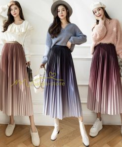 スカート | プリーツロングミモレ丈 グラデーションAラインウエストゴム ハイウエスト 秋冬 無地 ゆったり 大人 通学通勤