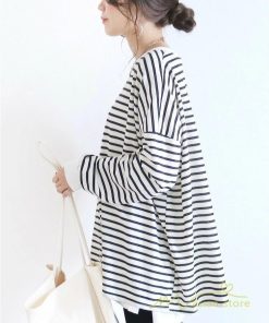 ｔシャツ・カットソー | ボーダー＆無地ビッグプルオーバー レディース トップス Tシャツ オーバーサイズ トレーナー 長袖 可愛い 20代30代40代 シンプル ゆったり ロングＴ