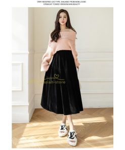 スカート | ロングティアードAラインミモレ丈 フレアビロードウエストゴム ハイウエスト 秋冬 無地 ゆったり