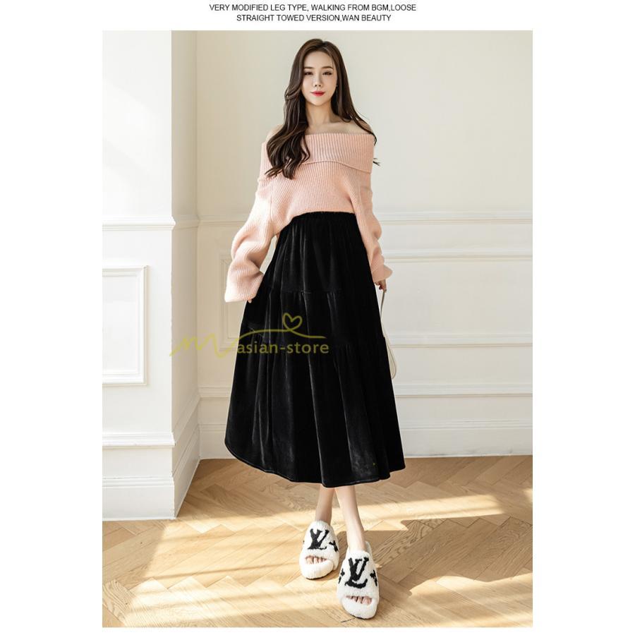 スカート | ロングティアードAラインミモレ丈 フレアビロードウエストゴム ハイウエスト 秋冬 無地 ゆったり