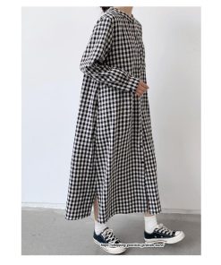 マキシ | 長袖ワンピース チェック柄ワンピース ロングワンピース レディース 秋物 ワンピース 楽チン 綿ワンピース 綿シャツワンピ スタンドカラー ゆったり 大きめ