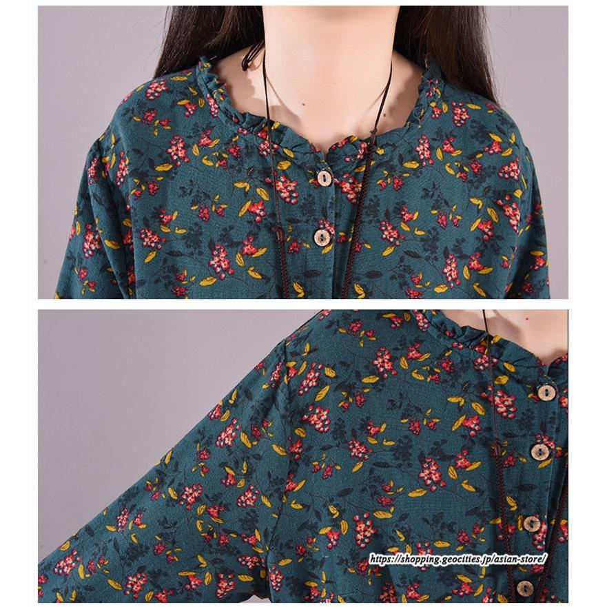 マキシ | 花柄ワンピース30代レディース秋物 リネンワンピース 綿麻風 シャツワンピース ロングワンピース ミモレ丈 長袖ワンピース リボン付き 秋ワンピース 大人