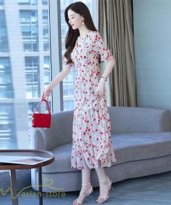 ミディアム | ワンピース レディース 着痩せ ロング丈 ロングワンピース カジュアル 花柄 Vネック 大きいサイズ ひざ下丈 サマーワンピース 40代 夏服 お出かけ 30代 20代