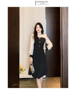 ミディアム | Aラインワンピース 切り替えワンピース 秋コーデ レディース 長袖 膝丈ワンピース 美ライン シルエット 無地 フォーマル 黒ワンピース お呼ばれ オフィス