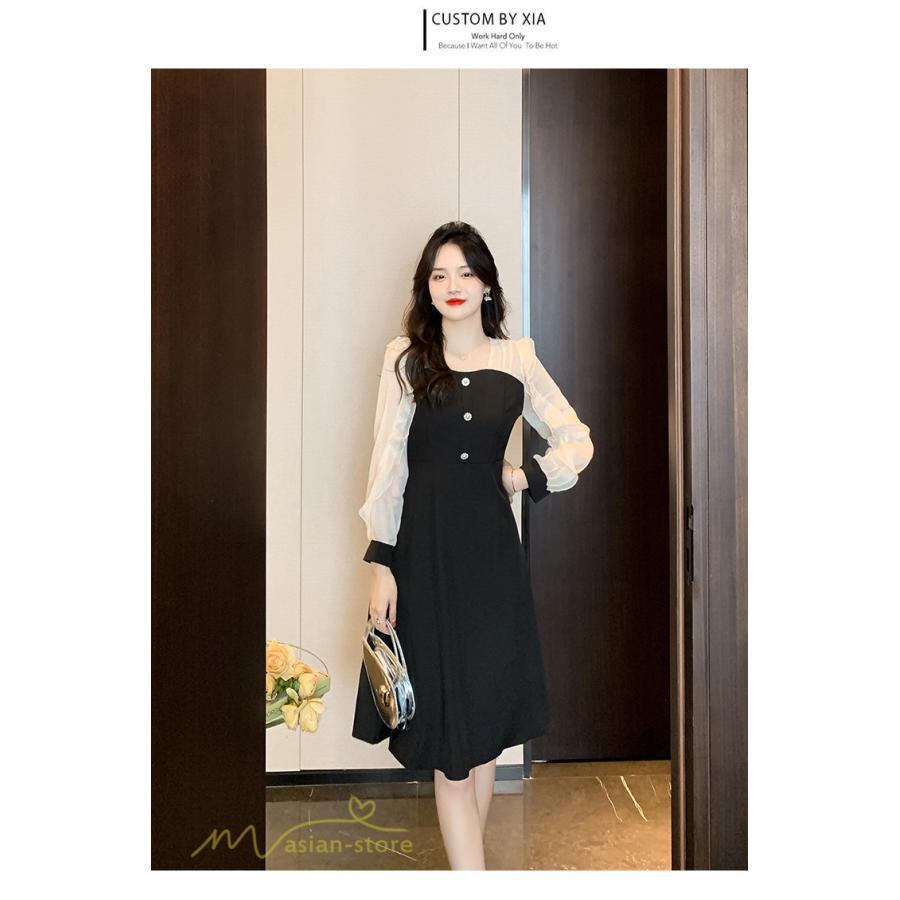 ミディアム | Aラインワンピース 切り替えワンピース 秋コーデ レディース 長袖 膝丈ワンピース 美ライン シルエット 無地 フォーマル 黒ワンピース お呼ばれ オフィス