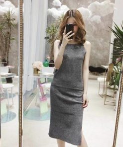 ワンピース | スリット レディース タイト膝下丈 ロングワンピ 着やせ バッククロス おしゃれ ニットノースリーブ