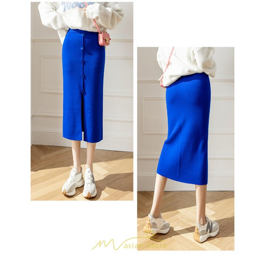 スカート | レディース ロング丈 ミモレ丈 ニット 秋冬 韓国風 スリット ハイウエスト Aライン 着痩せ 小柄 大人可愛い 20代30代40代50代 フェミニン 脚長効果