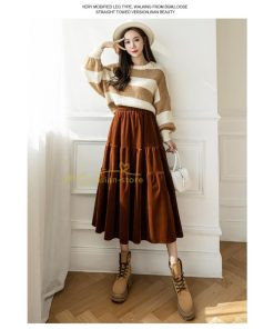 スカート | ロングティアードAラインミモレ丈 フレアビロードウエストゴム ハイウエスト 秋冬 無地 ゆったり