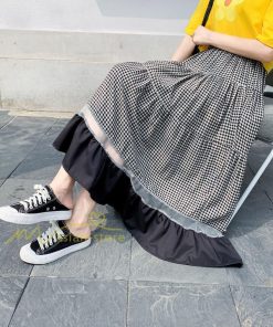 スカート | フレア ロング春物 レディース 春夏 チェック柄 ドッキング リゾート 体型カバー お出かけ 20代30代40代50代 着痩せ 通勤通学 カジュアル