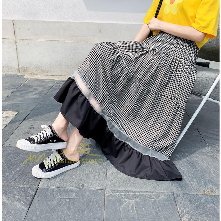 スカート | フレア ロング春物 レディース 春夏 チェック柄 ドッキング リゾート 体型カバー お出かけ 20代30代40代50代 着痩せ 通勤通学 カジュアル