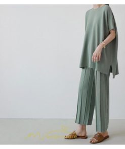 送料無料SALE | セットアップ ニット トップス パンツ ストレッチ 涼感 夏ニット 半袖 九分丈 ウエストゴム レディース 2点セット ゆったり Vネック 無地 30代40代 上品