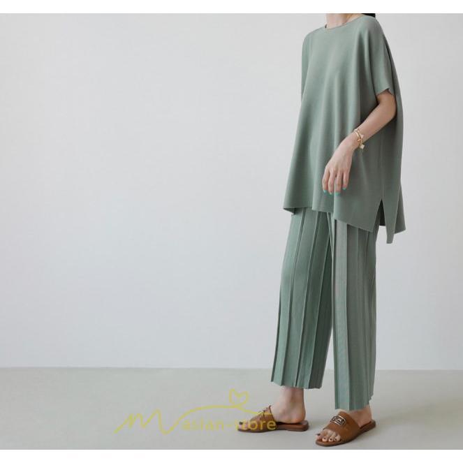 送料無料SALE | セットアップ ニット トップス パンツ ストレッチ 涼感 夏ニット 半袖 九分丈 ウエストゴム レディース 2点セット ゆったり Vネック 無地 30代40代 上品