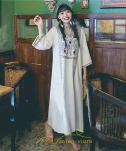 マキシ | 七分袖 ワンピース 綿麻ワンピース ロングワンピース レディース 夏秋 Aライン ゆったり 体型カバー おしゃれ きれいめ 休み 旅行 お出かけ 上品 刺繍 リゾート