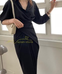 マキシ | ロングワンピース 夏ワンピース 薄手 黒ワンピース スリム 30代40代 大人 無地 シャツワンピース 七分袖 オフィス 涼感 セクシー Vネック フェミニン