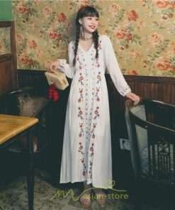 マキシ | ワンピース レディース ロング丈 サマードレス 花柄 リゾートワンピ Aライン 長袖 体型カバー ママ 大人 ゆったり 夏秋 Ｖネック 着痩せ 綿麻 刺繍 旅行 SNS映え