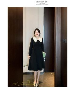 ミディアム | Aラインワンピース 秋コーデ レディース 長袖 膝丈ワンピース 腰リボン付き 美ライン シルエット 無地 フォーマル お呼ばれ 大人 オフィス 黒ワンピース