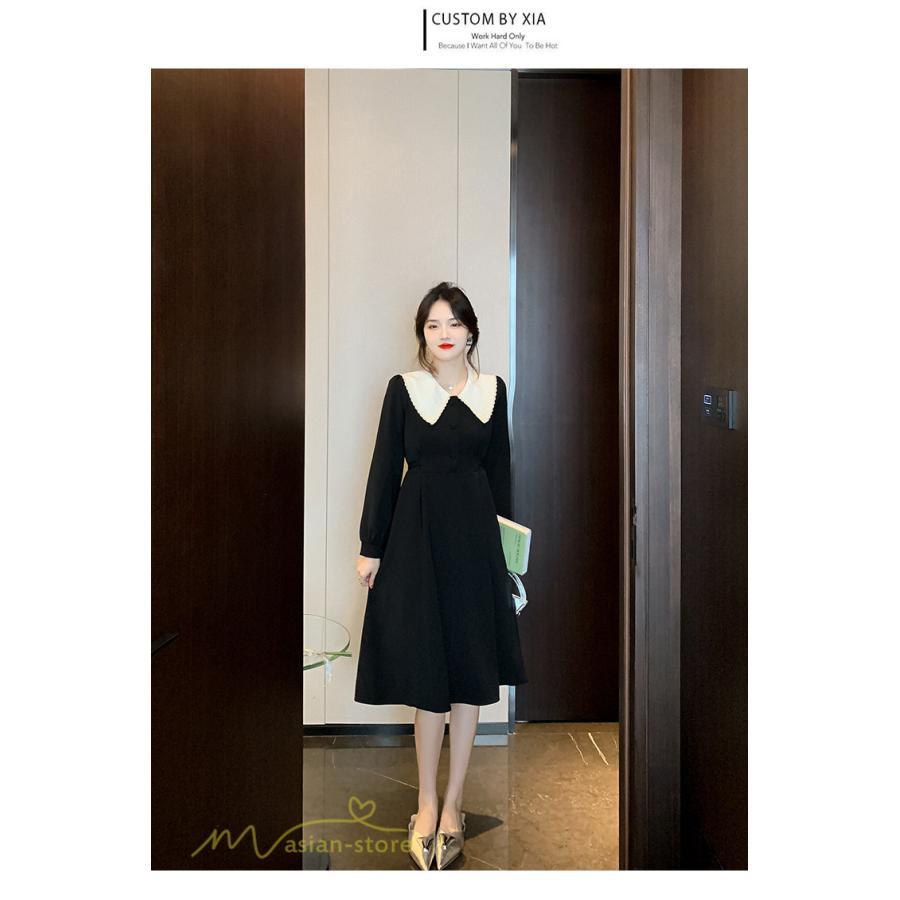 ミディアム | Aラインワンピース 秋コーデ レディース 長袖 膝丈ワンピース 腰リボン付き 美ライン シルエット 無地 フォーマル お呼ばれ 大人 オフィス 黒ワンピース