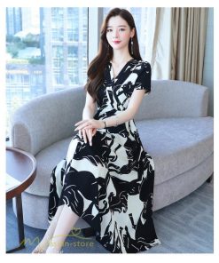 ミディアム | Aラインスカート レディース 着痩せ 黒 白 Vネック 半袖 ワンピース エレガント フェミニン 気質 30代 ママ きれいめ 40代 大きいサイズ サマーワンピース 夏