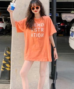 Tシャツ・カットソー | ラウンドネック カットソー 半袖 ロゴｔシャツ ロング トップス 体型カバー レディース 英字プリントtシャツワンピース ゆったり