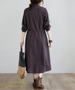 ワンピース | 長袖綿麻Aラインレディース ロングミモレ丈 無地 シャツカワイイ 大人 ワンピ