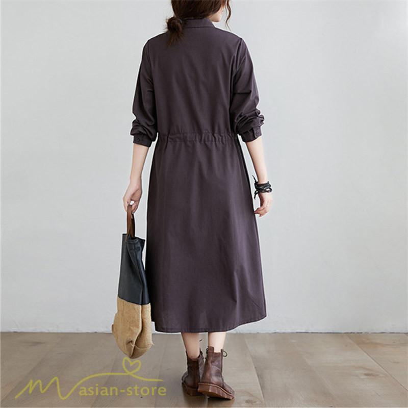 ワンピース | 長袖綿麻Aラインレディース ロングミモレ丈 無地 シャツカワイイ 大人 ワンピ