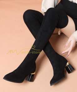 ロングブーツ | ニーハイブーツ スエード調 美脚 秋冬 ストレッチ チャンキーヒール 太ヒール レディース 走れる 黒 美脚 無地 ブーツ ハイヒール