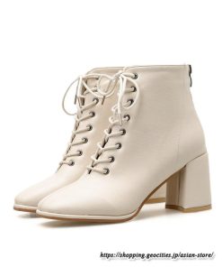 ショートブーツ | レディース 裏起毛なし 裏起毛あり スクエアトゥ ブーツ チャンキーヒール 太ヒール シューズ ハイヒール レースアップ 後ろファスナー 靴