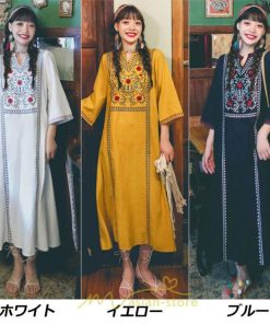 マキシ | 七分袖 ワンピース 綿麻ワンピース ロングワンピース レディース 夏秋 Aライン ゆったり 体型カバー おしゃれ きれいめ 休み 旅行 お出かけ 上品 刺繍 リゾート