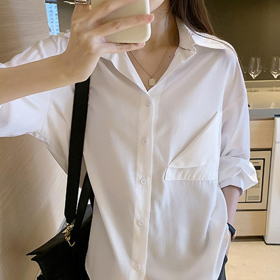 シャツ・ブラウス | シャツ おしゃれ 無地 オフィス ボダン ブラウス トップス ロング 襟付き 前開きシャツ レディース 仮ポケット付き