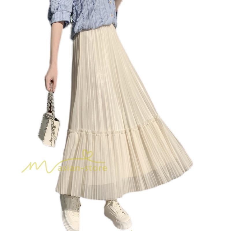 スカート | レディース チュール春夏 コーデ ウエストゴム ロングフレア着痩せ 通勤 マキシ カジュアル 20代30代40代50代 プリーツ